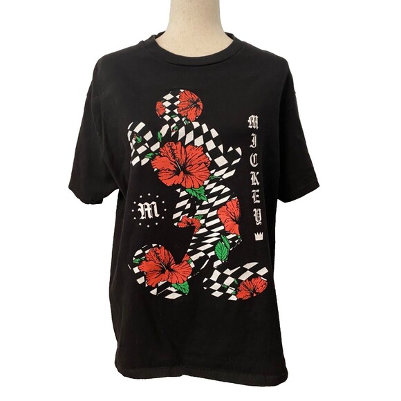 NEFF DISNEY Mickey Mouse LG Red Floral Black White Checkered Cotton Tee T Shirt - Picture 1 of 8